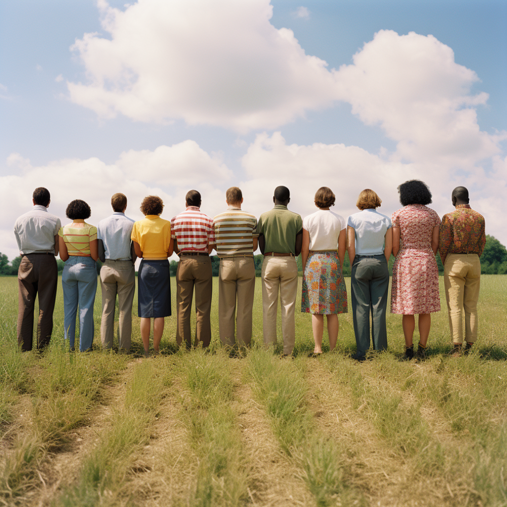 a row of people stand in a field with their backs to the viewer