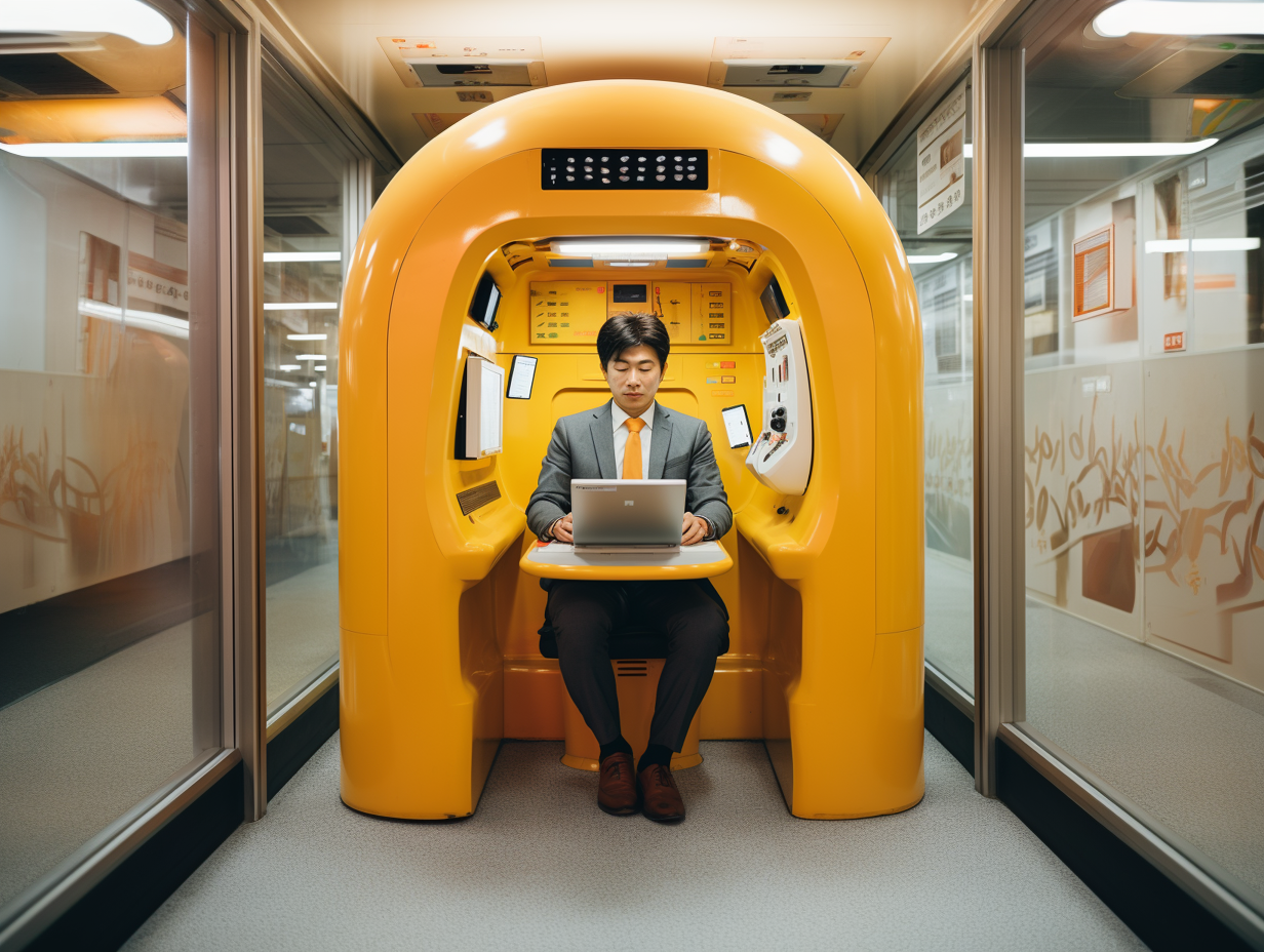 man sits in futuristic yellow cubicle and works on laptop