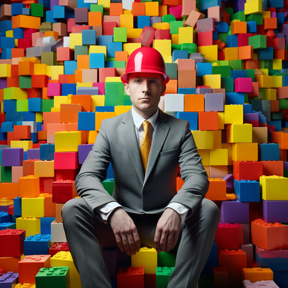 man in suit and hard hat sits on pile of blocks